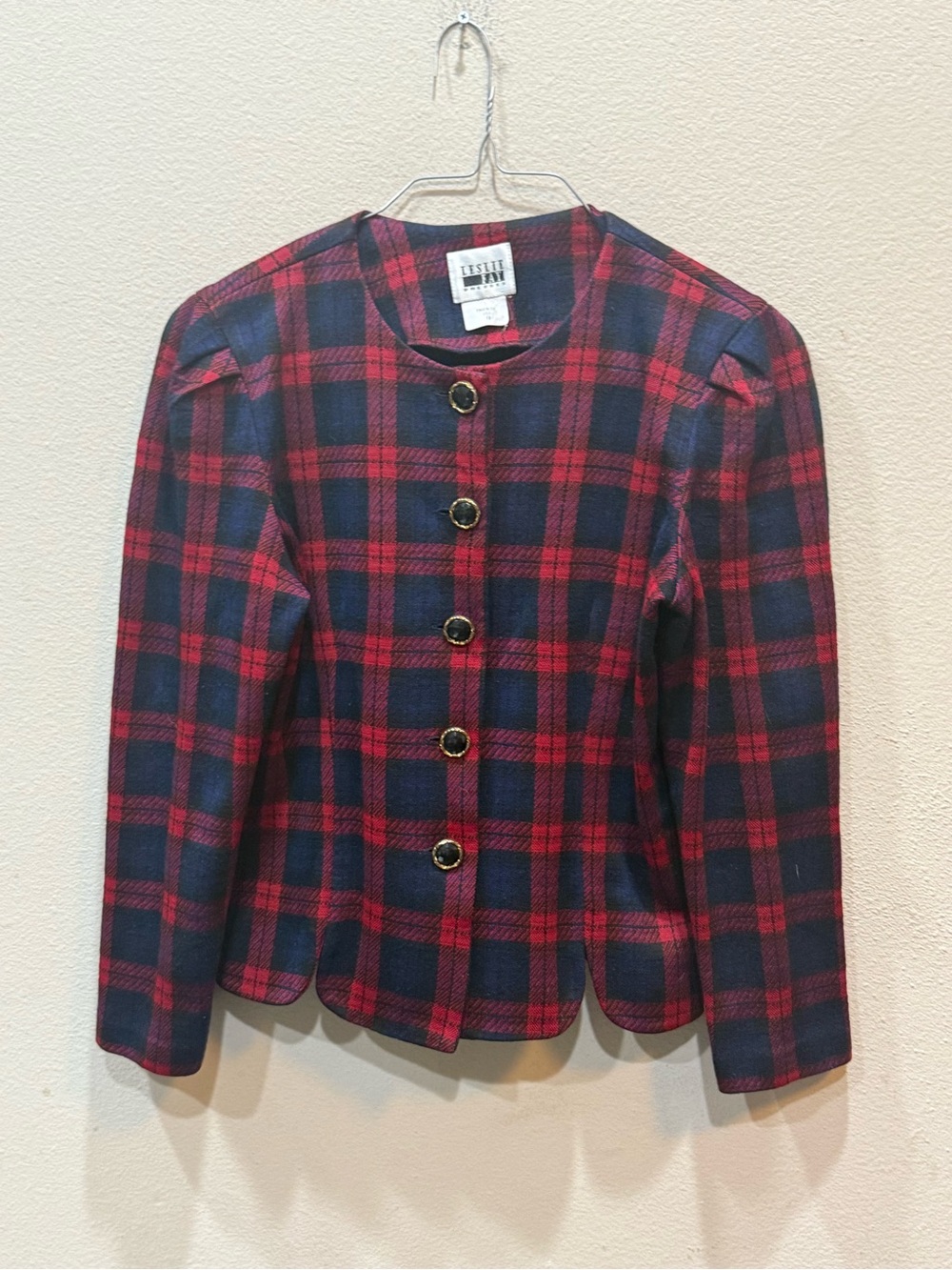 Vintage Leslie Fay Knit Plaid Collarless Women's Blazer Decorative Buttons